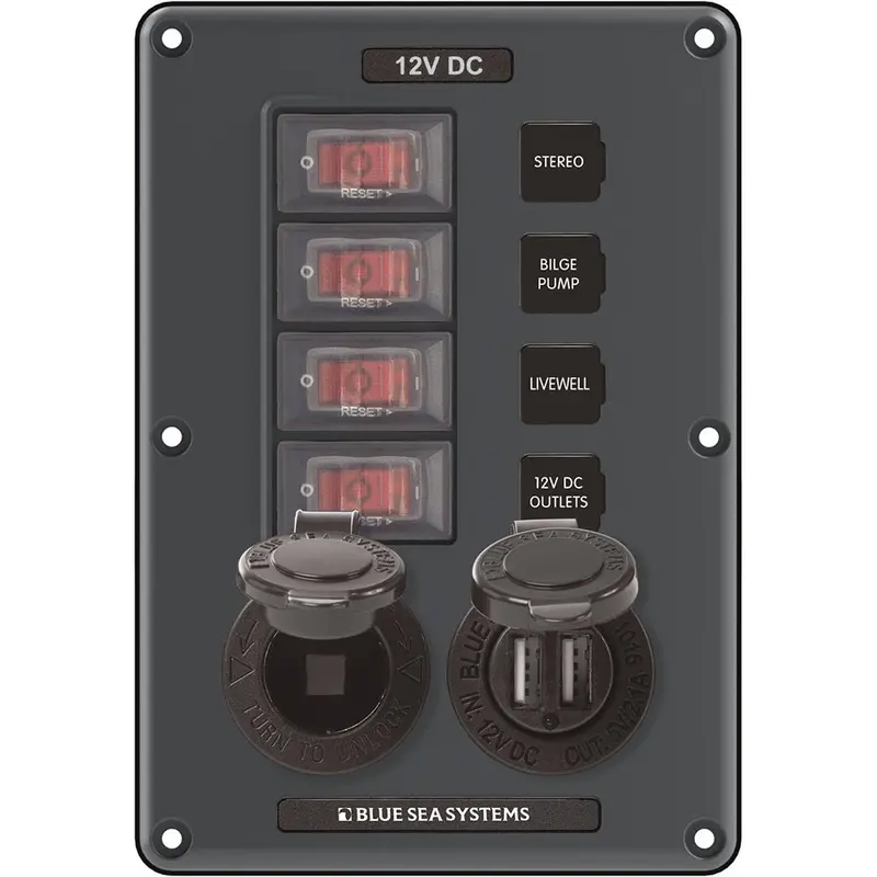 Blue Sea 4321 Circuit Breaker Switch Panel 4 Position - Gray W/12V Socket  Dual Usb [4321] 1