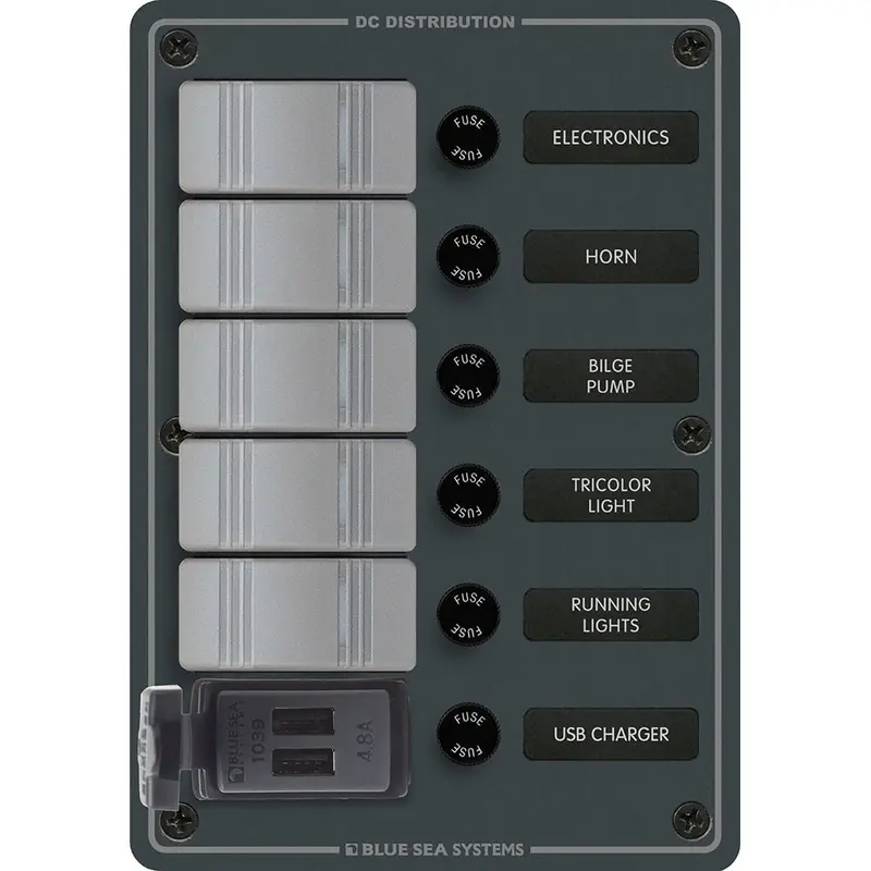Blue Sea 8121 - 5 Position Contura Switch Panel W/Dual Usb Chargers - 12/24V Dc - Black [8121] 1
