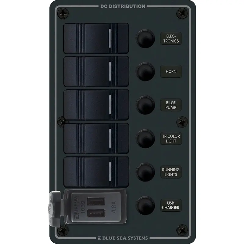 Blue Sea 8521 - 5 Position Contura Switch Panel W/Dual Usb Chargers - 12/24V Dc - Black [8521] 1