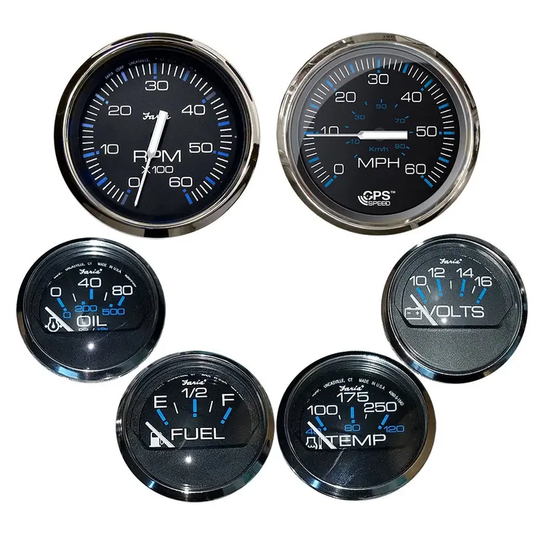 Faria Chesapeake Black W/Stainless Steel Bezel Boxed Set Of 6 - Speed, Tach, Fuel Level, Voltmeter, Water Temperature  Oil Psi - Inboard Motors  [Ktf064] 1