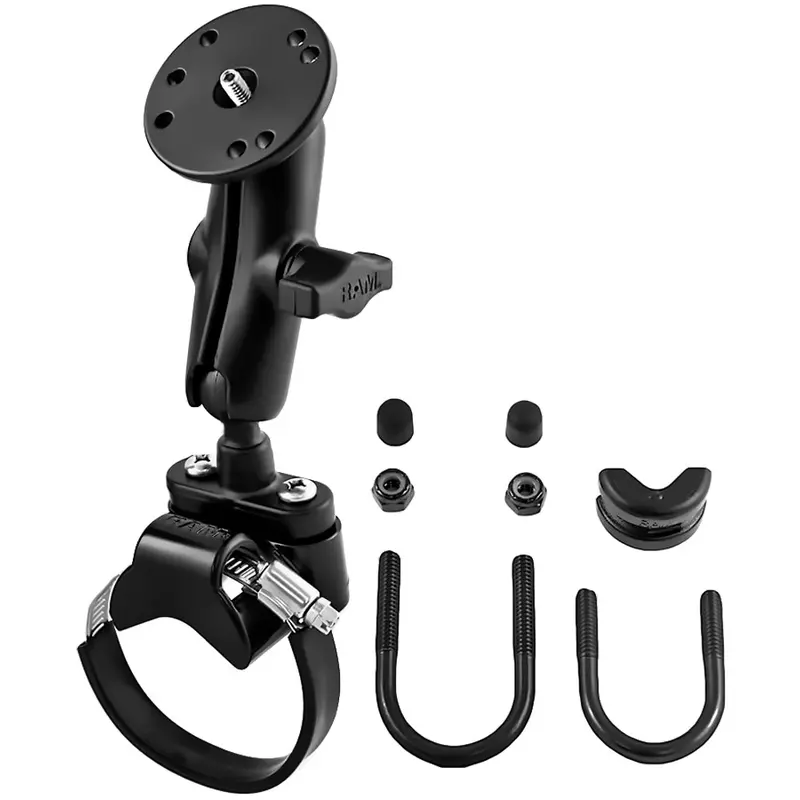 Ram Mount Strap Clamp Roll Bar Mount W/Standard Length Double Socket Arm & 2.5" Round Base W/1/4"-20 Male Threaded Post [Ram-B-149Z-2-202Au] 1