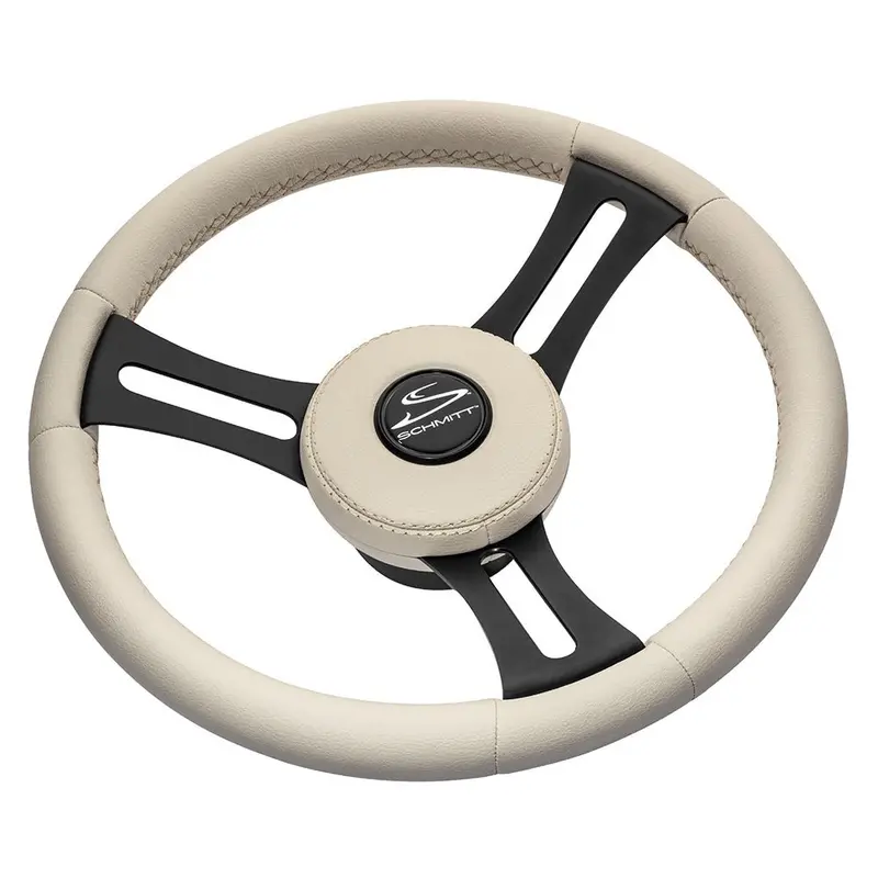 Schmitt Marine Torcello Elite 14" Wheel - Beige Leather  Cap - White Stitching - Black Ss Spokes - 3/4" Tapered Shaft [Pu081b11] 1