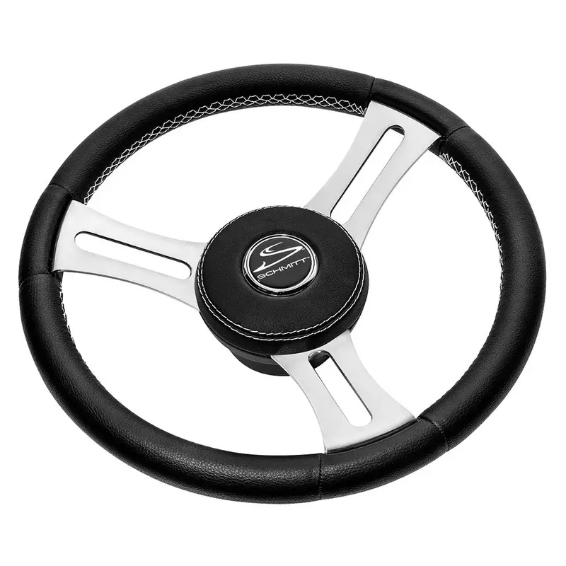 Schmitt Marine Torcello Elite 14" Wheel - Black Leather  Cap - White Stitching - Polished Ss Spokes - 3/4" Tapered Shaft [Pu085241] 1