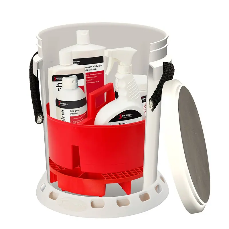 Shurhold 5 Gallon White Bucket Kit - Includes Bucket, Caddy, Grate Seat, Buff Magic, Pro Polish Brite Wash, Smc  Serious Shine [2465] 1