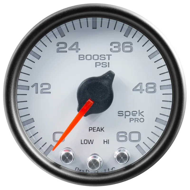 Autometer Spek Pro Boost Gauge – 2-1/16", 60 Psi, White/Black Face, Stepper Motor With Peak & Warning 1