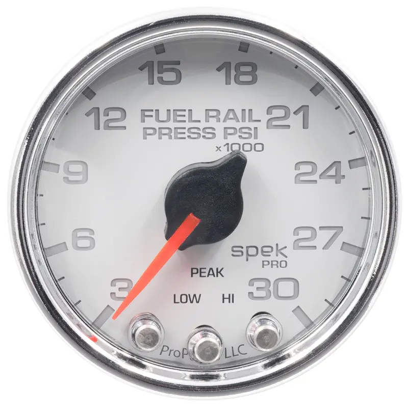 Autometer Spek Pro Rail Pressure Gauge – 2-1/16", 30,000 Psi, White/Chrome Face With Peak Hold & Warning 1