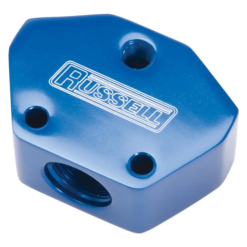 Russell 650410 Blue Anodized Billet Y-Block Fitting: -10 Inlet / -8 Outlet 1
