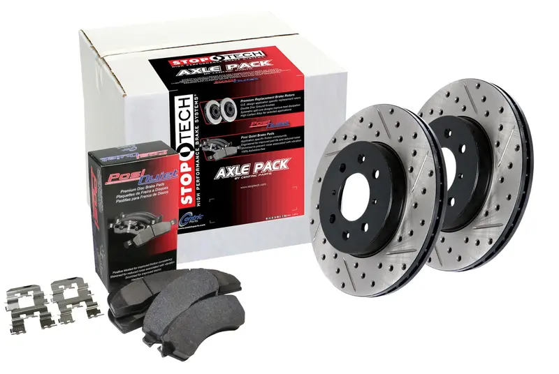 Stoptech Street Front Brake Kit – Drilled & Slotted Rotors With Premium Pads (938.44052) 1